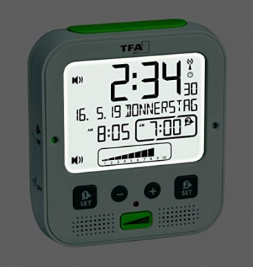 TFA Dostmann Boom Funkwecker, Laut mit Vibrationsalarm, Snooze-Funktion, einstellbare Lautstärke und Helligkeit, autom. Nachtbeleuchtung, weiß - 4