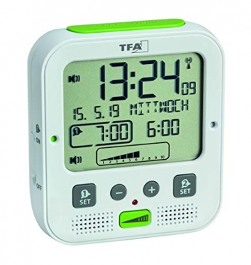 TFA Dostmann Boom Funkwecker, Laut mit Vibrationsalarm, Snooze-Funktion, einstellbare Lautstärke und Helligkeit, autom. Nachtbeleuchtung, weiß - 1
